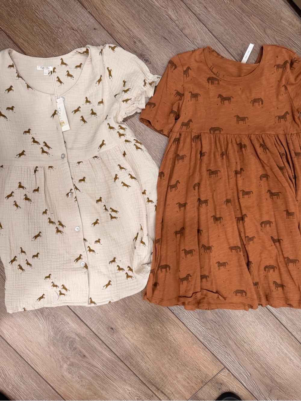 Rylee + Cru Horse-Print Cotton Dresses in Cream & Rust 0221
